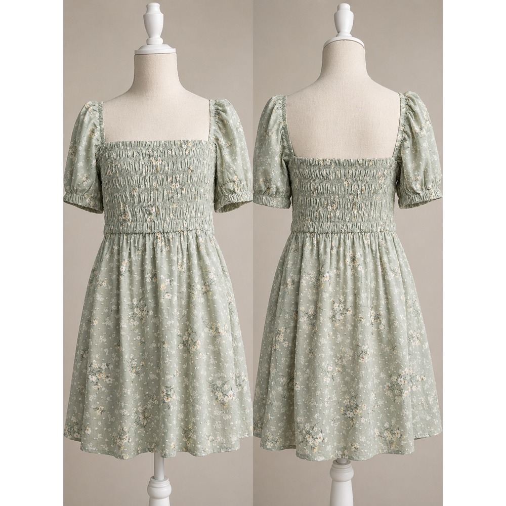 Altar'd State Sage Green Cottagecore Mini‎ Dress XL Puff Sleeve Floral